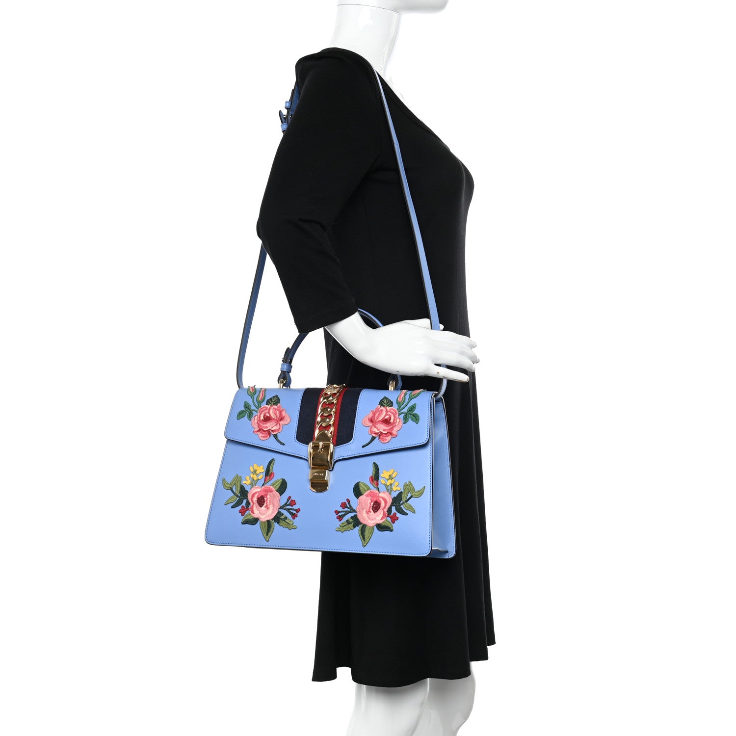 Gucci Calfskin Embroidered Medium Sylvie Top Handle Bag Clear Sky Blue 2 of 11