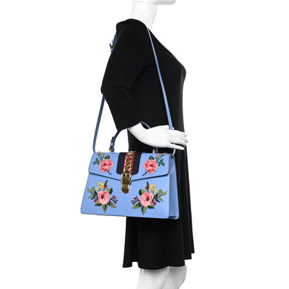 Gucci Calfskin Embroidered Medium Sylvie Top Handle Bag Clear Sky Blue 2 of 11