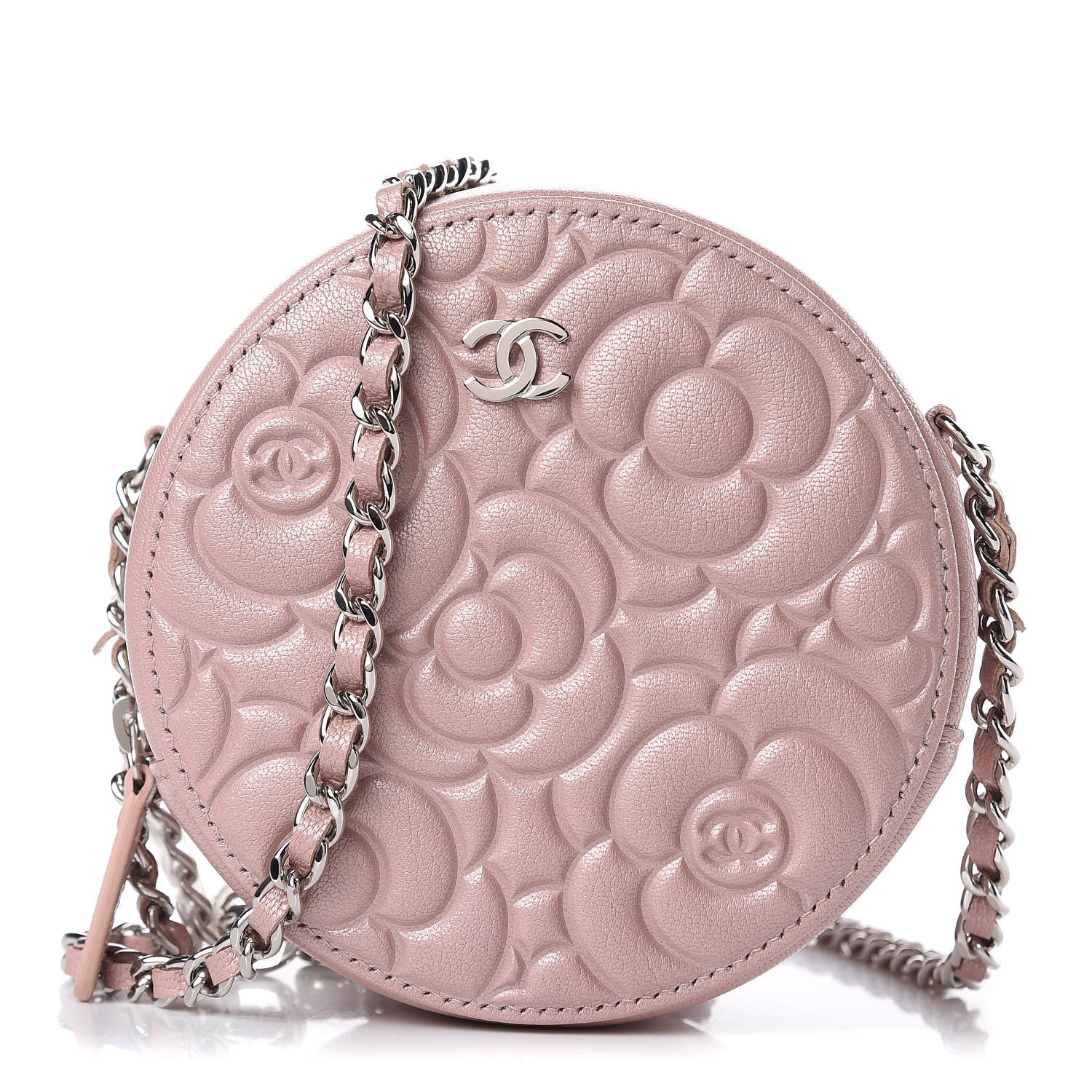 Chanel Goatskin Camellia Quilted Round Clutch With Chain Light Pink 1 of 8