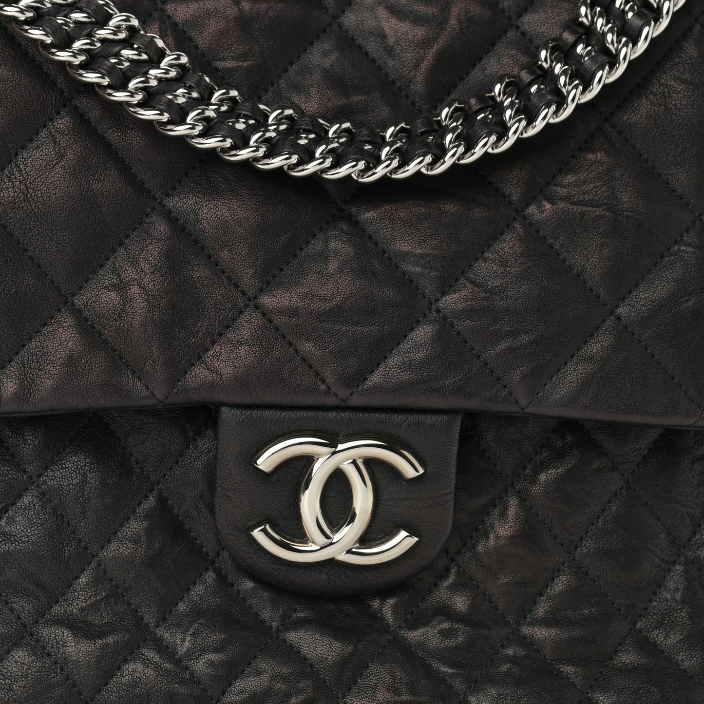 Washed Lambskin Quilted Maxi Chain Around Flap Black