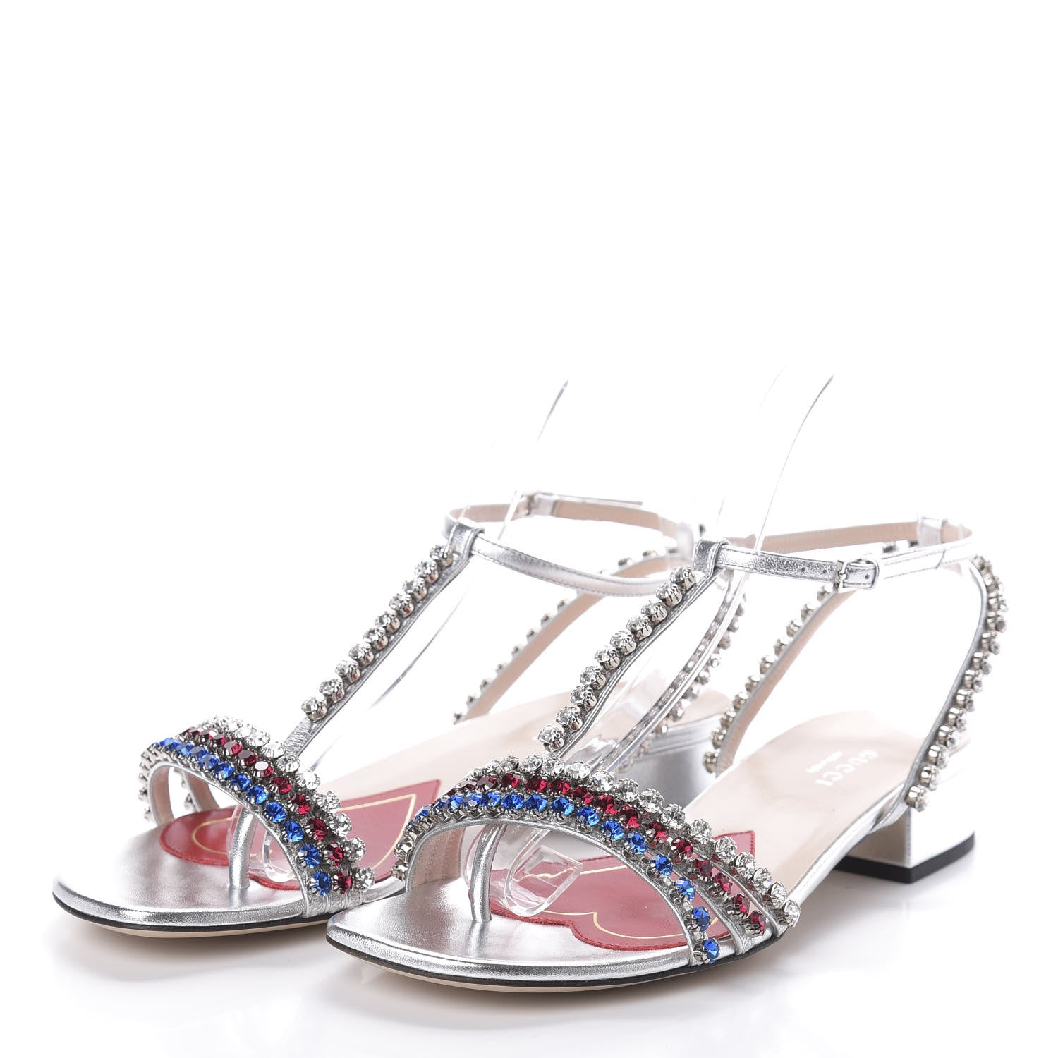 Gucci Nappa Silk Crystal Bertie T-Strap Low Heel Sandals 36 Argento 3 of 7