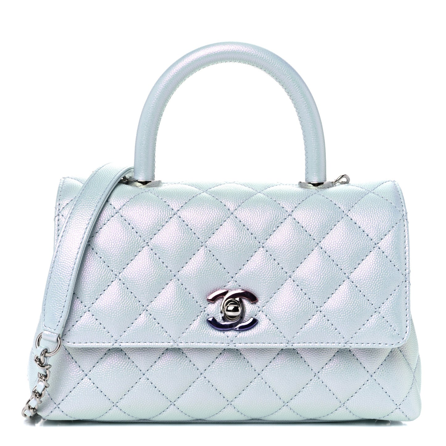 Iridescent Caviar Quilted Mini Coco Handle Flap Light Blue