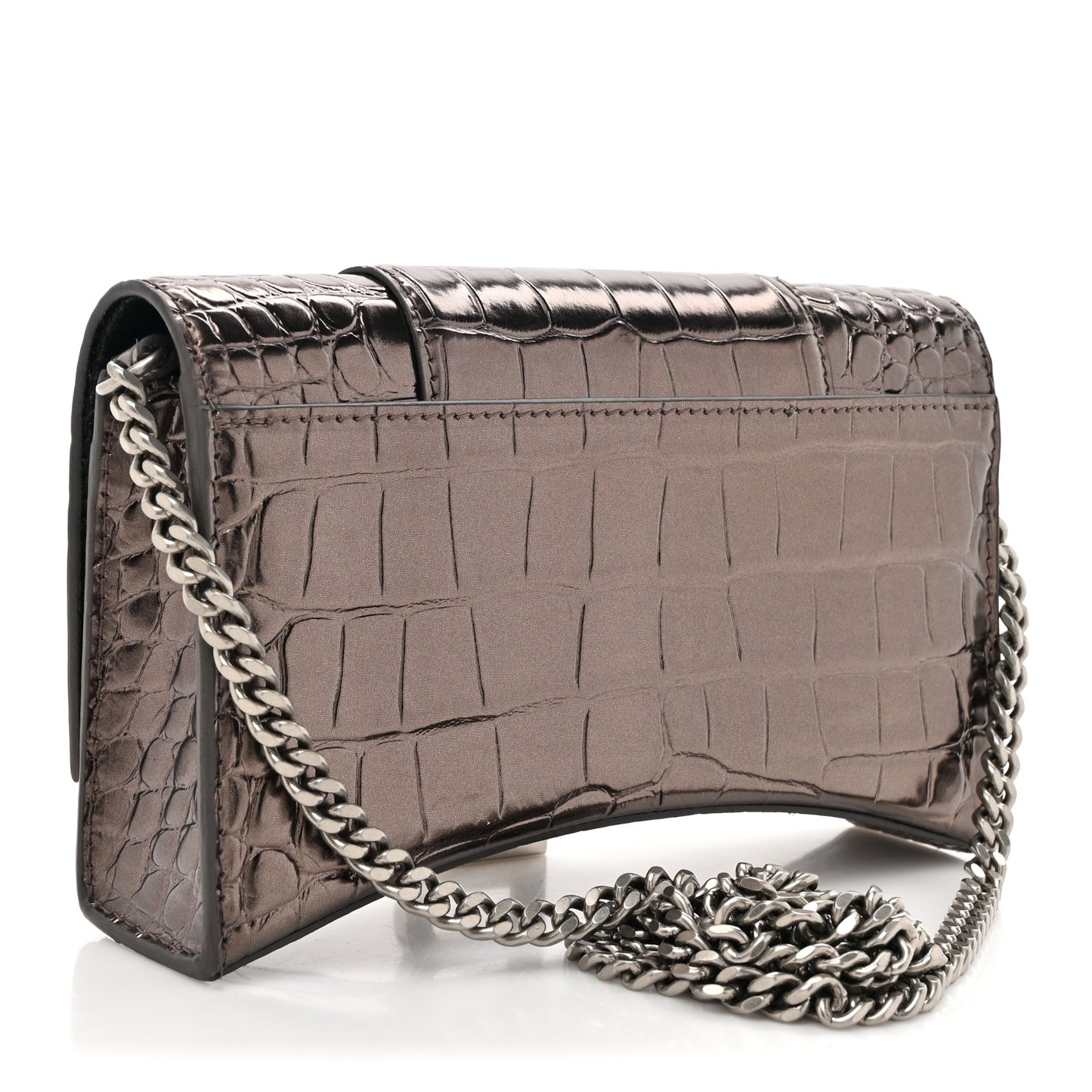 Shiny Metallic Calfskin Crocodile Embossed Hourglass Chain Bag Dark Bronze