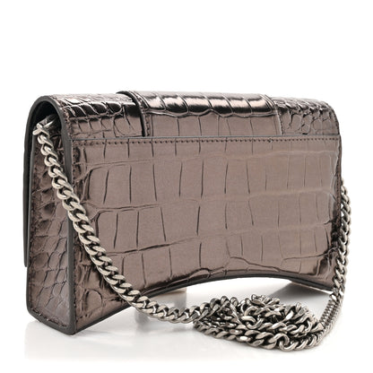 Balenciaga Shiny Metallic Calfskin Crocodile Embossed Hourglass Chain Bag Dark Bronze 3 of 14