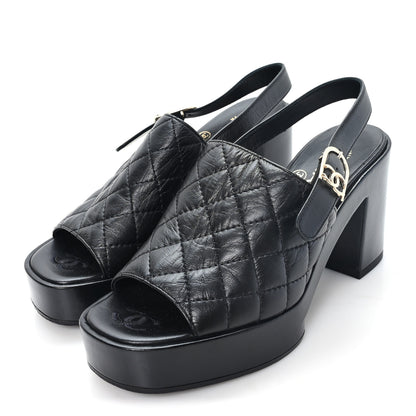 Chanel Lambskin Quilted Peep Toe Wedge Sandals 38 Black 4 of 9