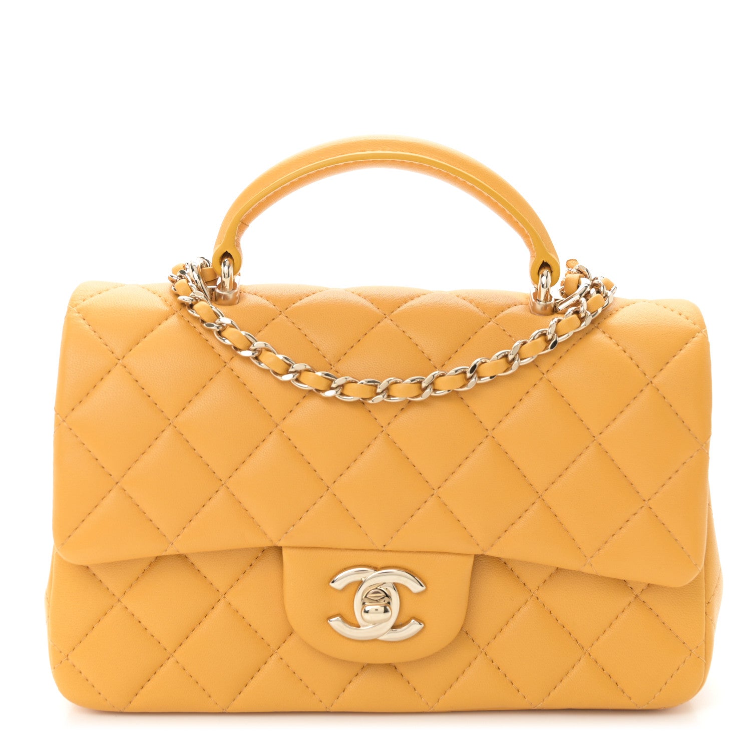 Chanel Lambskin Quilted Mini Top Handle Rectangular Flap Yellow 1 of 10