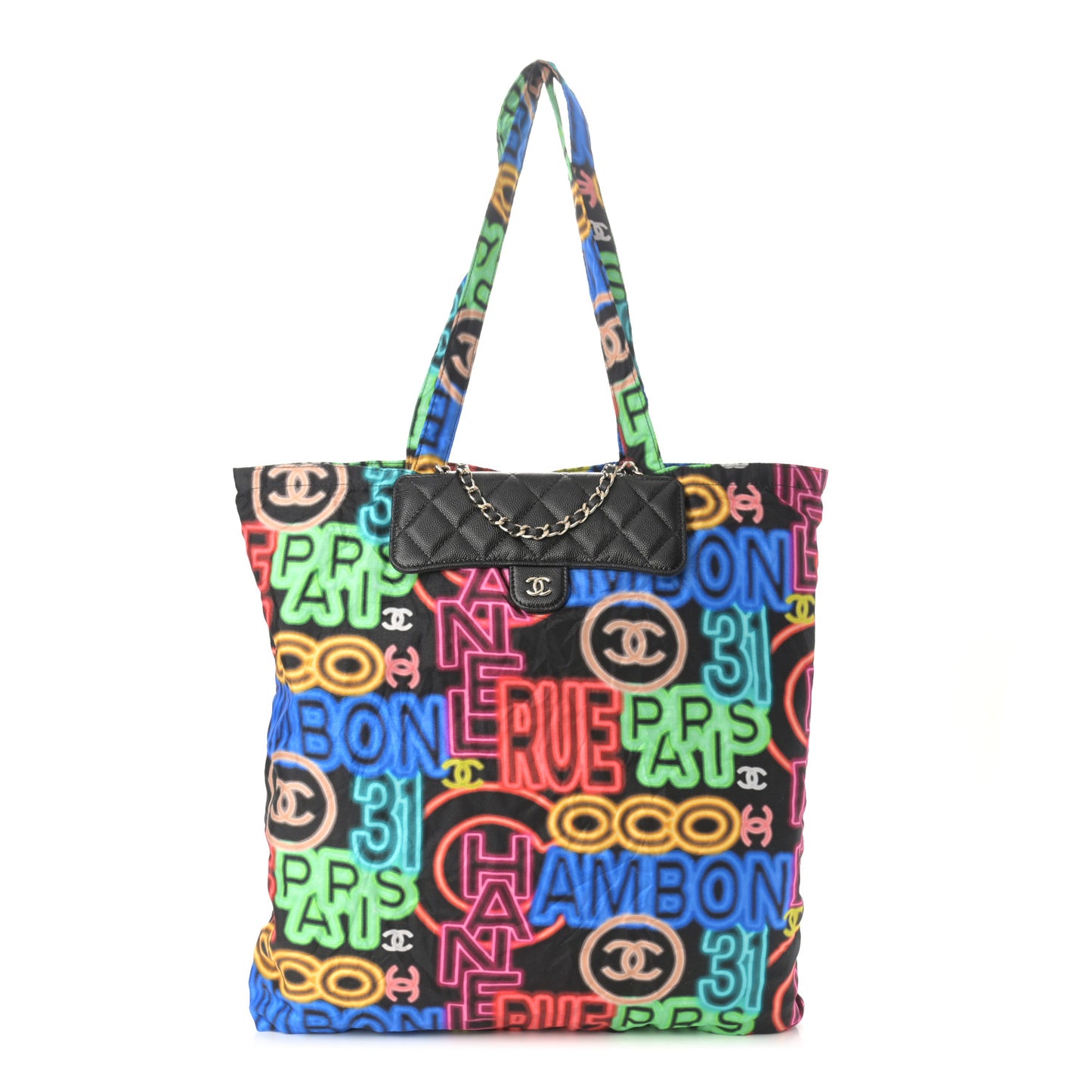 Caviar Fabric Graffiti Foldable Tote Bag With Chain Black Multicolor