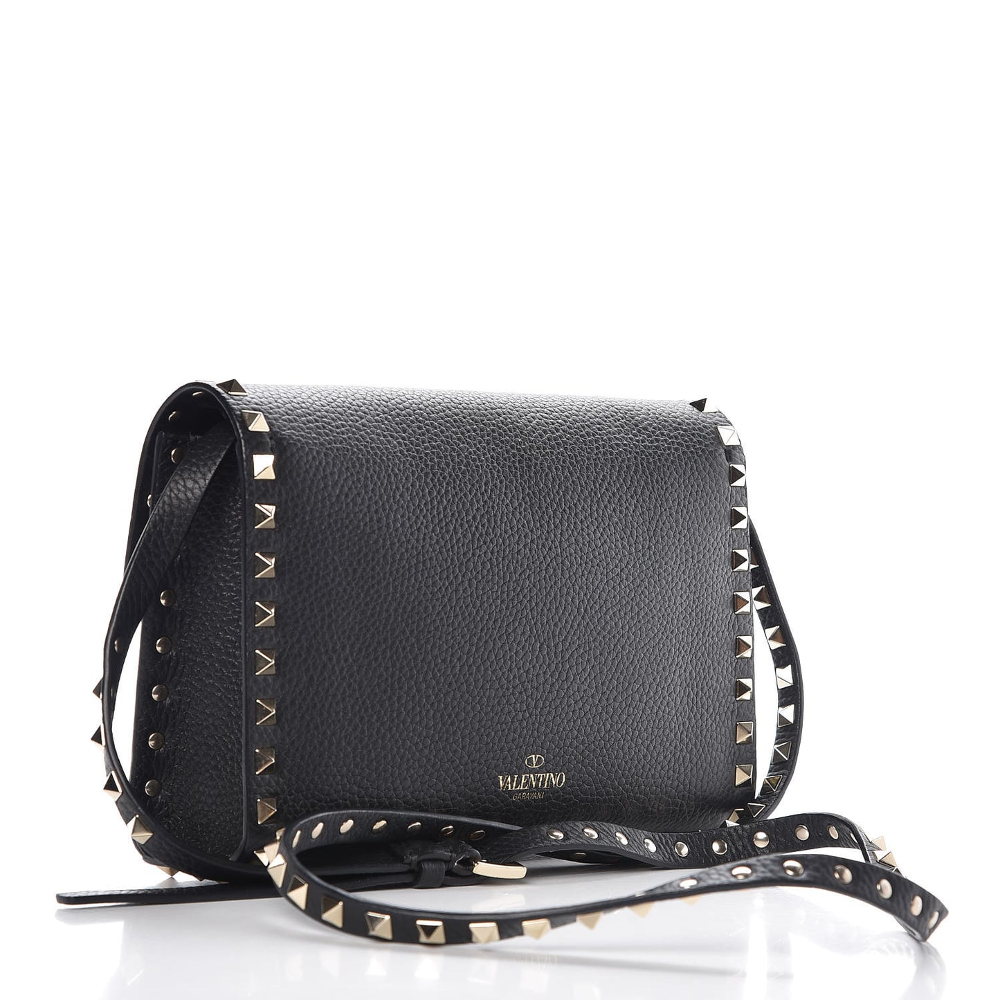 Pebbled Calfskin Medium Rockstud Flip Lock Crossbody Bag Black