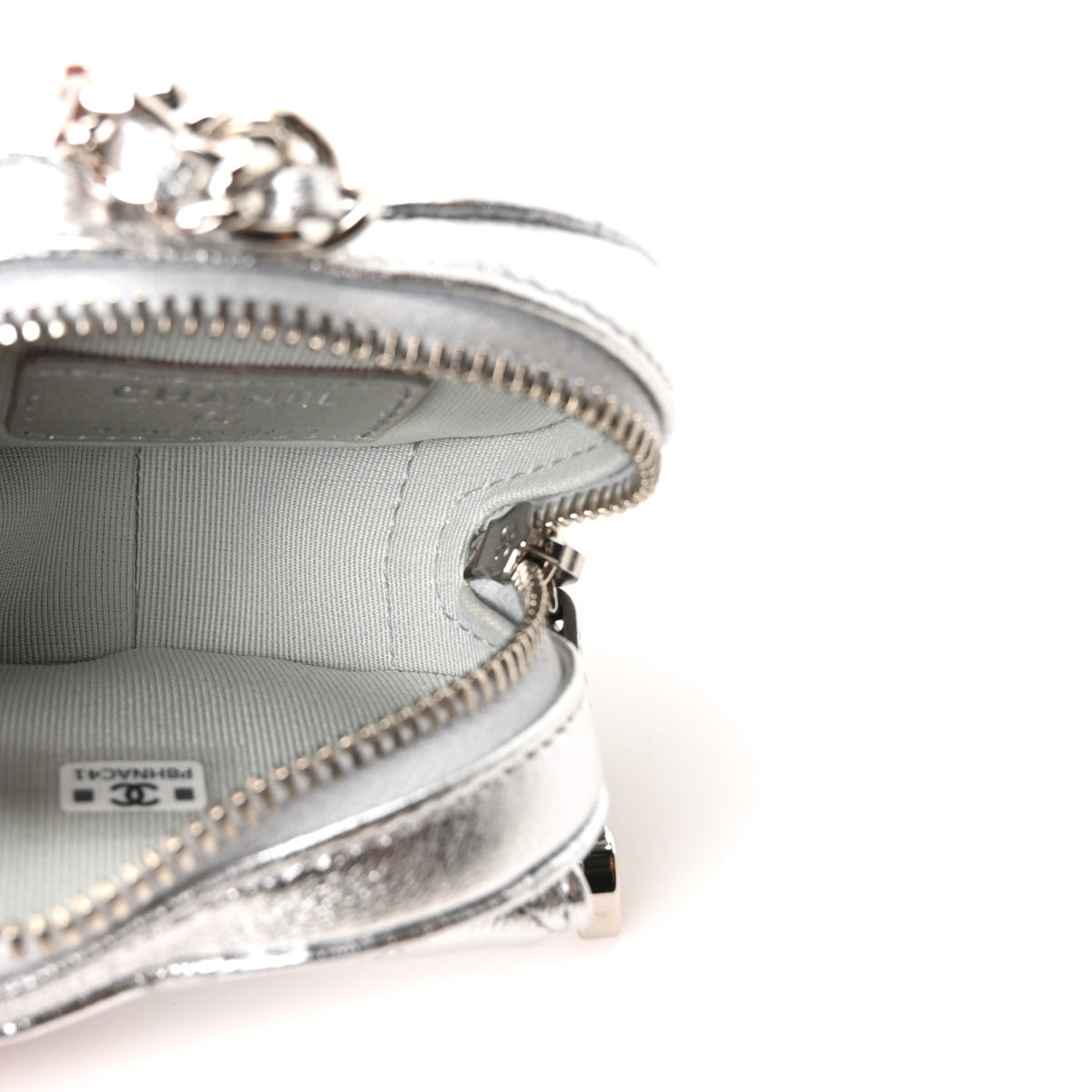 Metallic Lambskin Quilted CC Mini In Love Heart Bag Charm Silver