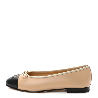 Chanel Lambskin Cap Toe CC Ballerina Flats 39 Beige Black 1 of 9