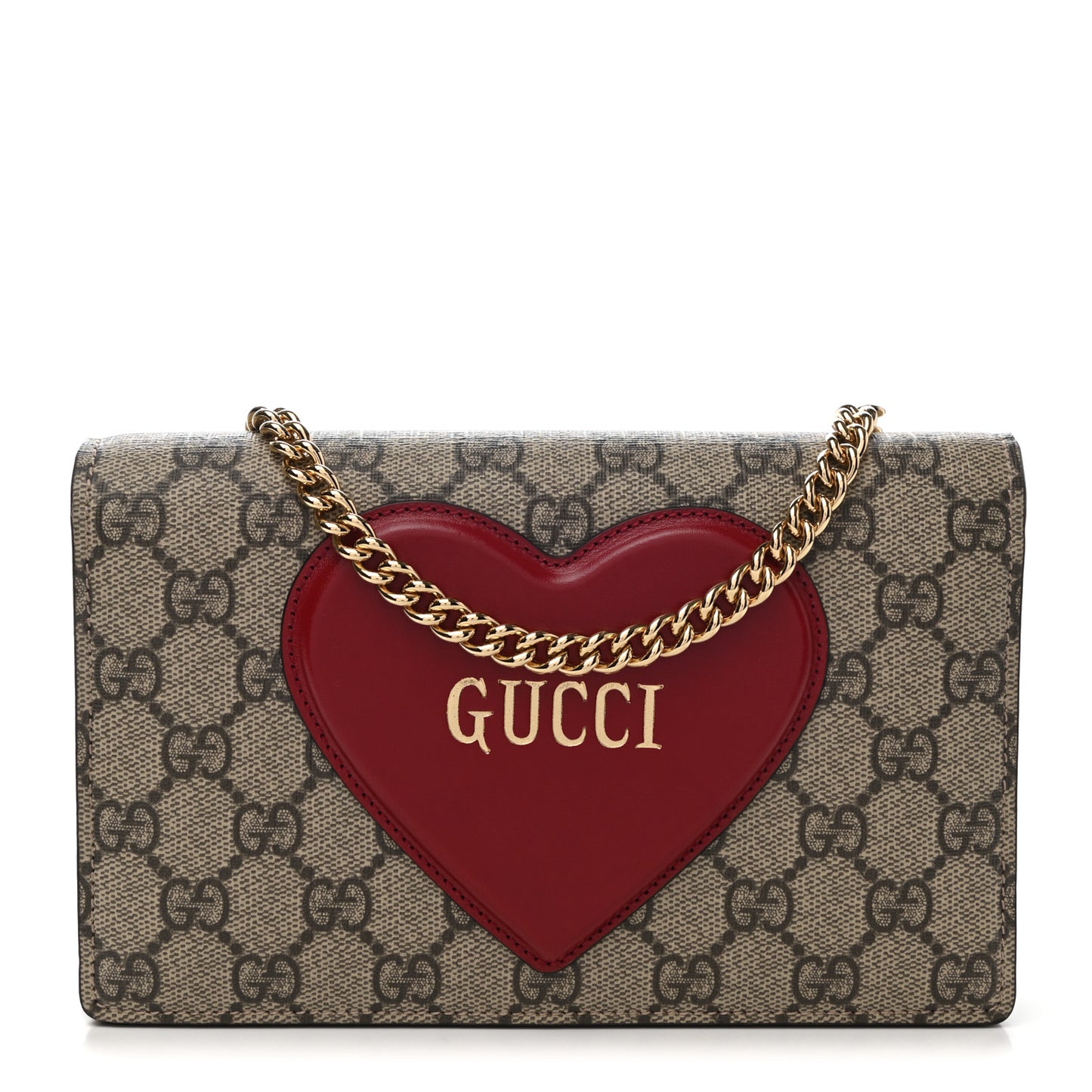 GG Supreme Monogram Script Logo Heart Wallet on Chain Beige Brown