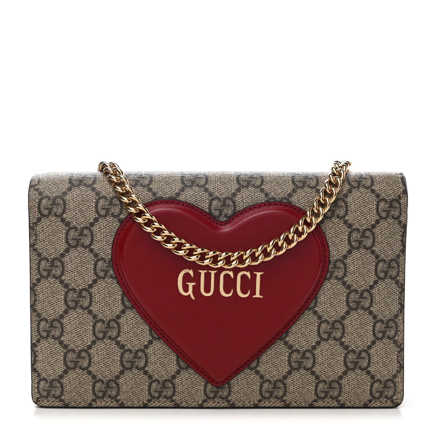 Gucci GG Supreme Monogram Script Logo Heart Wallet on Chain Beige Brown 1 of 10