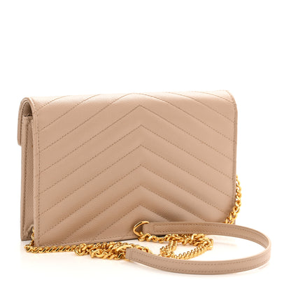 Saint Laurent Grain De Poudre Matelasse Chevron Monogram Envelope Chain Wallet Dark Beige 3 of 11