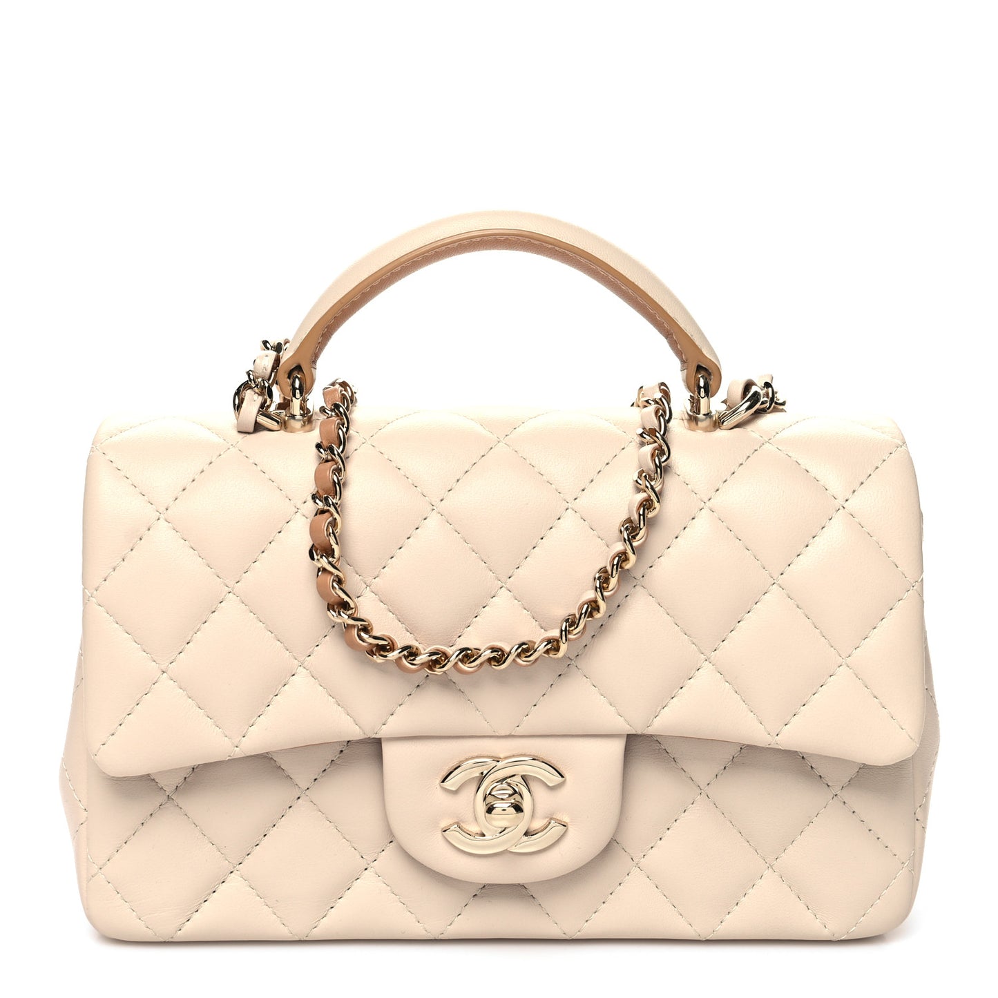 Lambskin Quilted Bi-Color Mini Top Handle Rectangular Flap Ecru Dark Beige