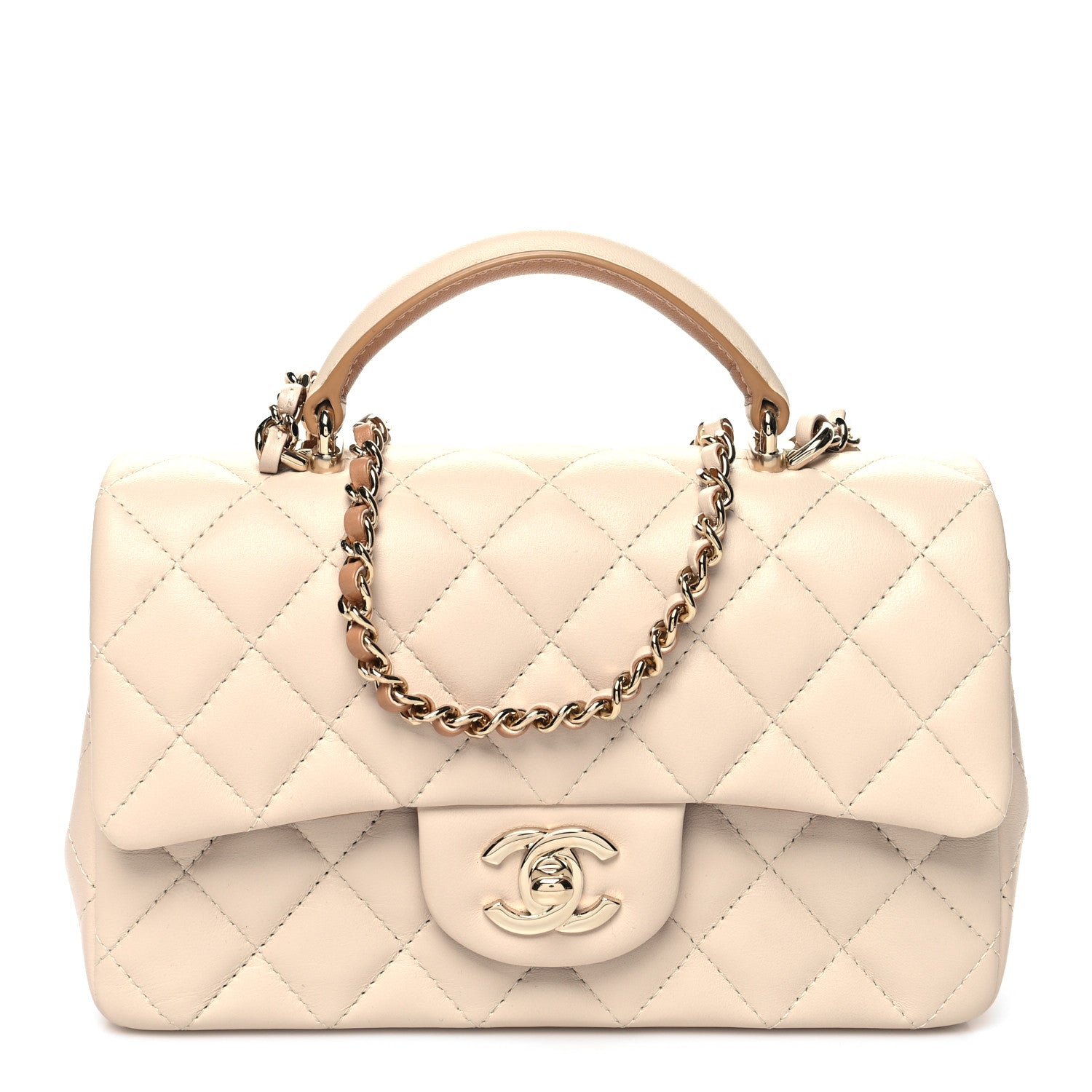 Chanel Lambskin Quilted Bi-Color Mini Top Handle Rectangular Flap Ecru Dark Beige 1 of 11