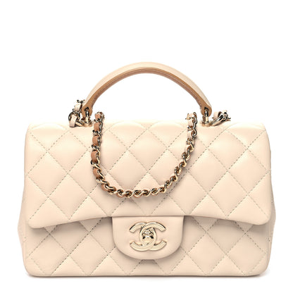 Chanel Lambskin Quilted Bi-Color Mini Top Handle Rectangular Flap Ecru Dark Beige 1 of 11