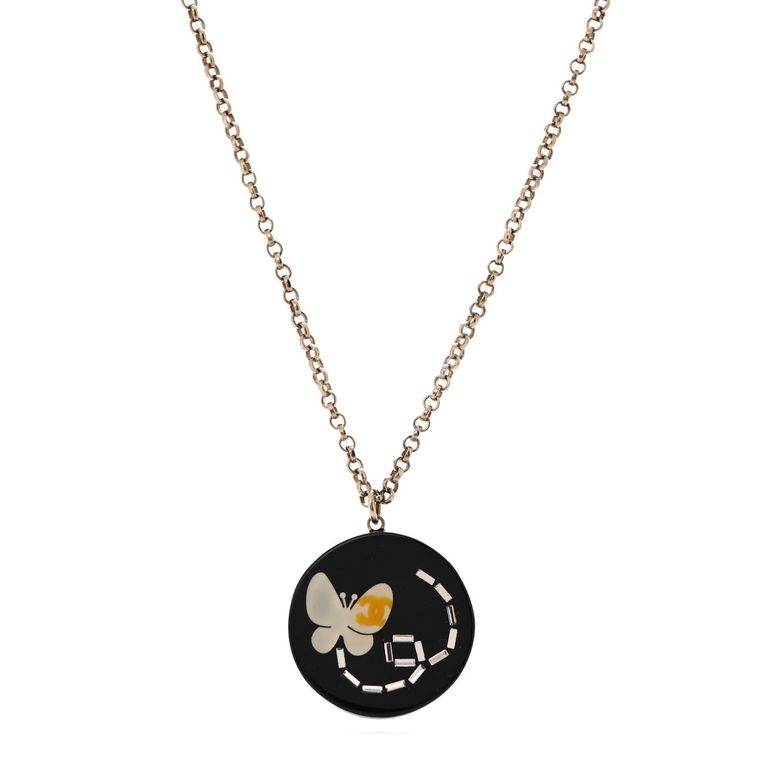 Chanel Resin Crystal Butterfly CC Pendant Necklace Gold Black 4 of 6
