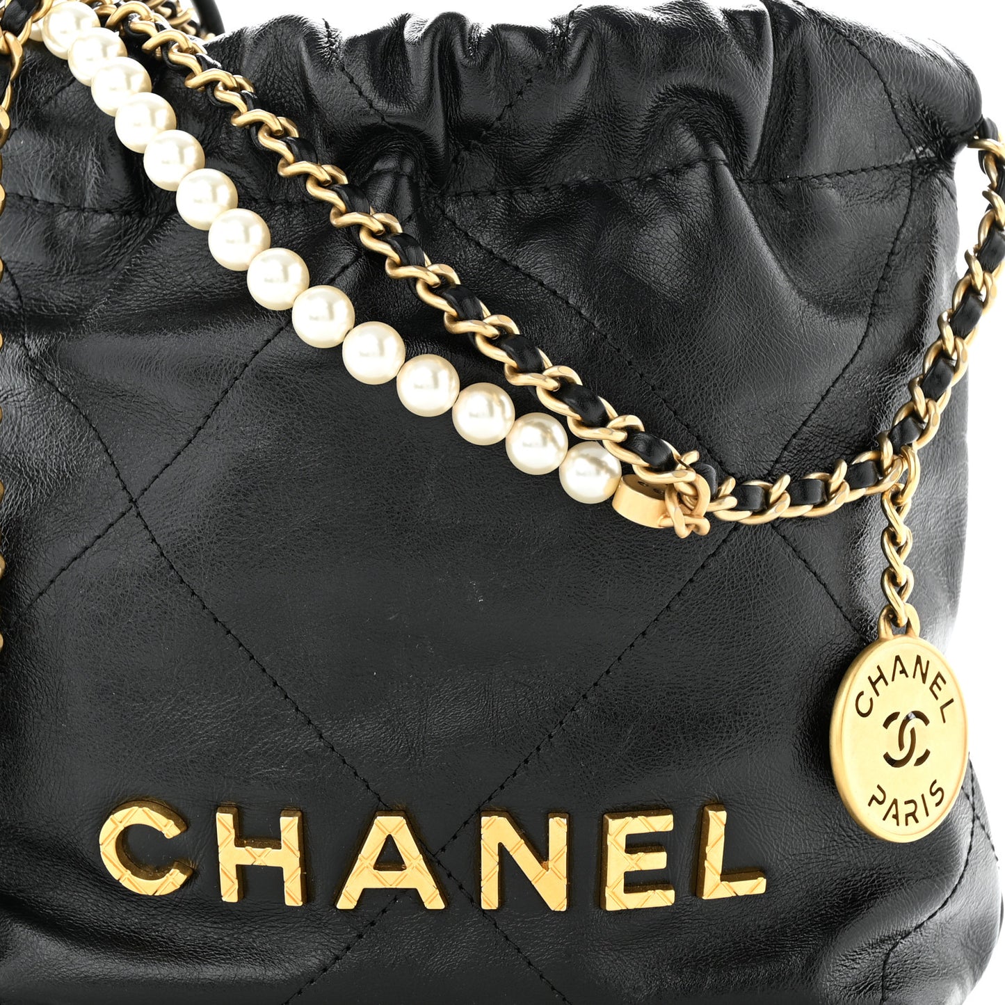 Shiny Crumpled Calfskin Quilted Pearl Mini Chanel 22 Black
