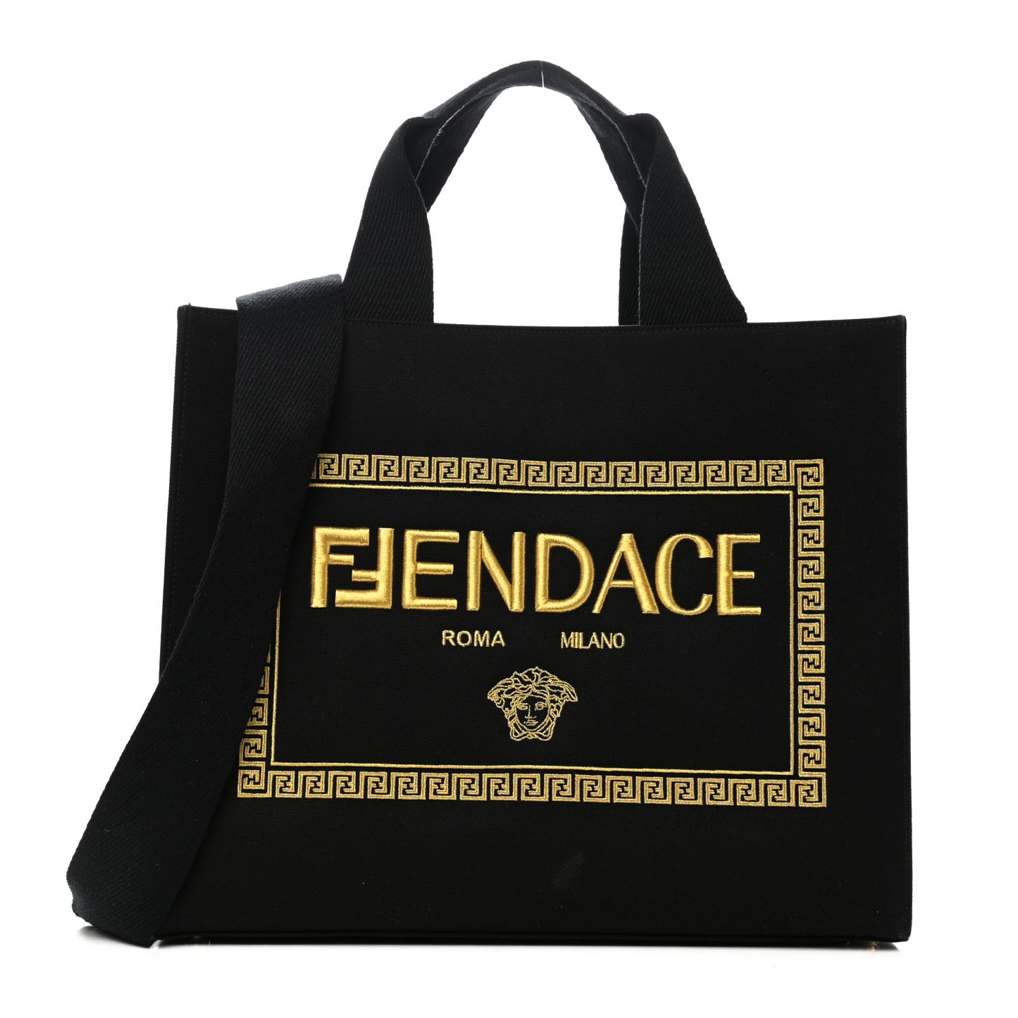 X VERSACE Cotton Canvas Cuoio Romano Fendace Logo Embroidered Signature Shopping Tote Black Gold