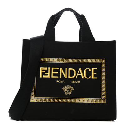 Fendi X VERSACE Cotton Canvas Cuoio Romano Fendace Logo Embroidered Signature Shopping Tote Black Gold 1 of 11