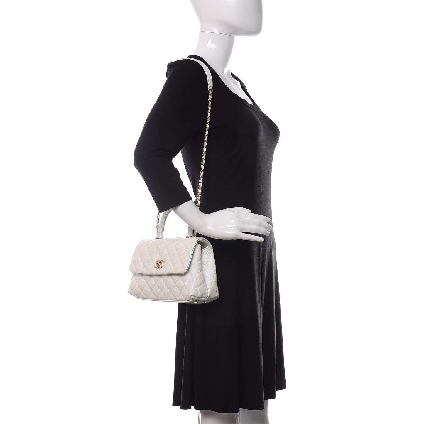 Iridescent Caviar Quilted Mini Coco Handle Flap White