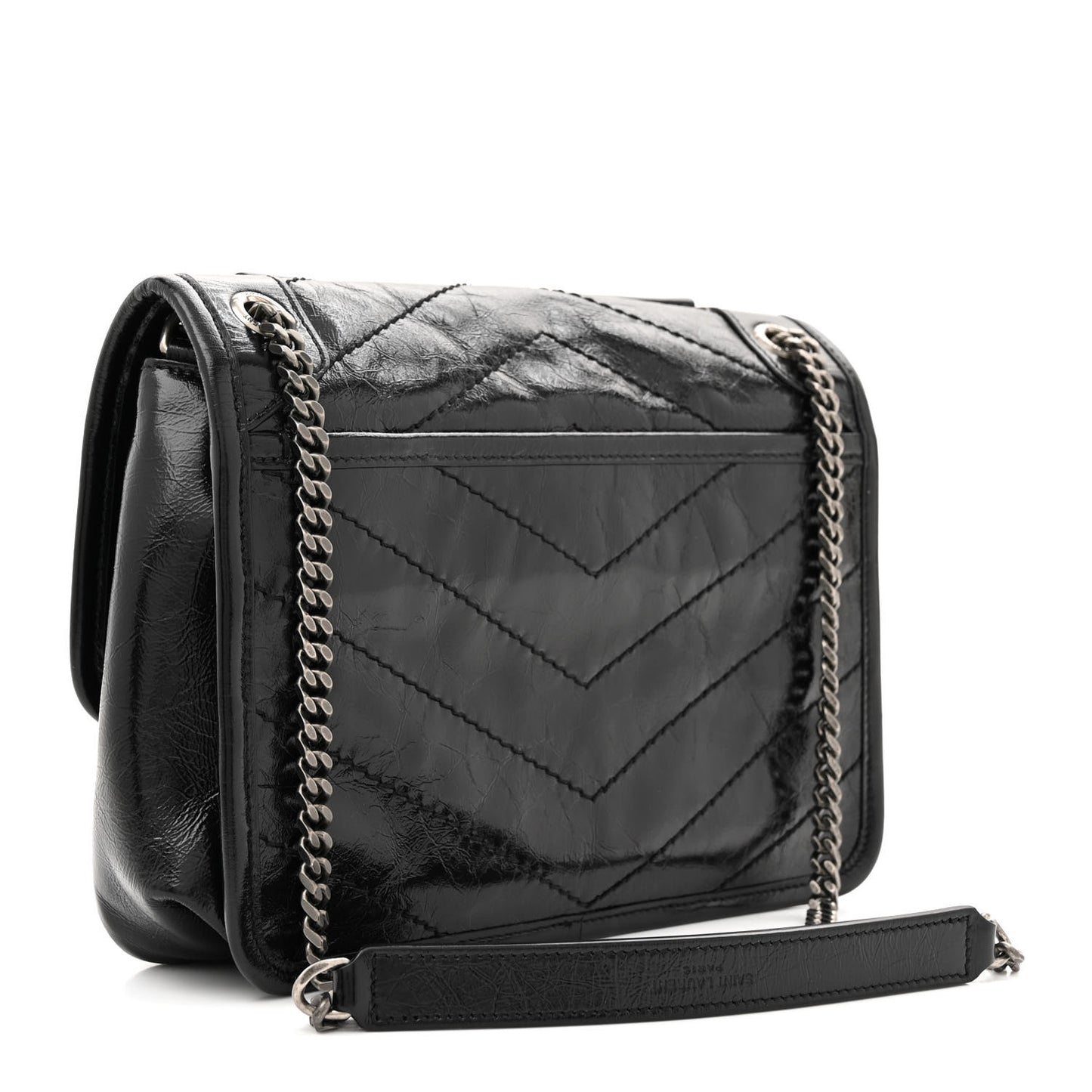 Crinkled Calfskin Matelasse Monogram Baby Niki Chain Satchel Black
