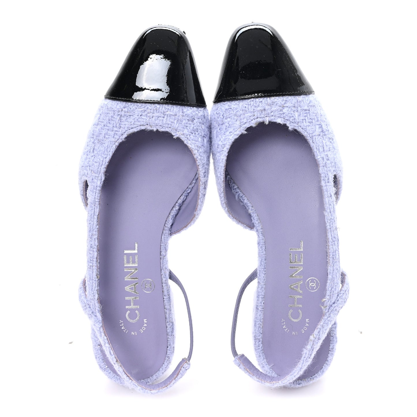Iridescent Wool Tweed Patent Cap Toe CC Slingback Flats 36.5 Light Purple Silver Black