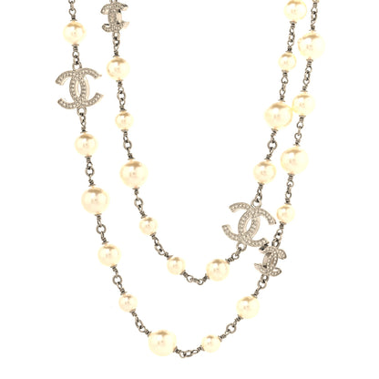 Chanel Graduated Pearl Crystal CC Long Necklace Silver 1 of 5