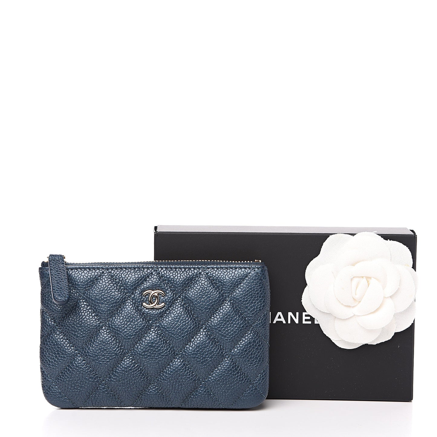 Metallic Caviar Quilted Small Cosmetic Case Dark Blue