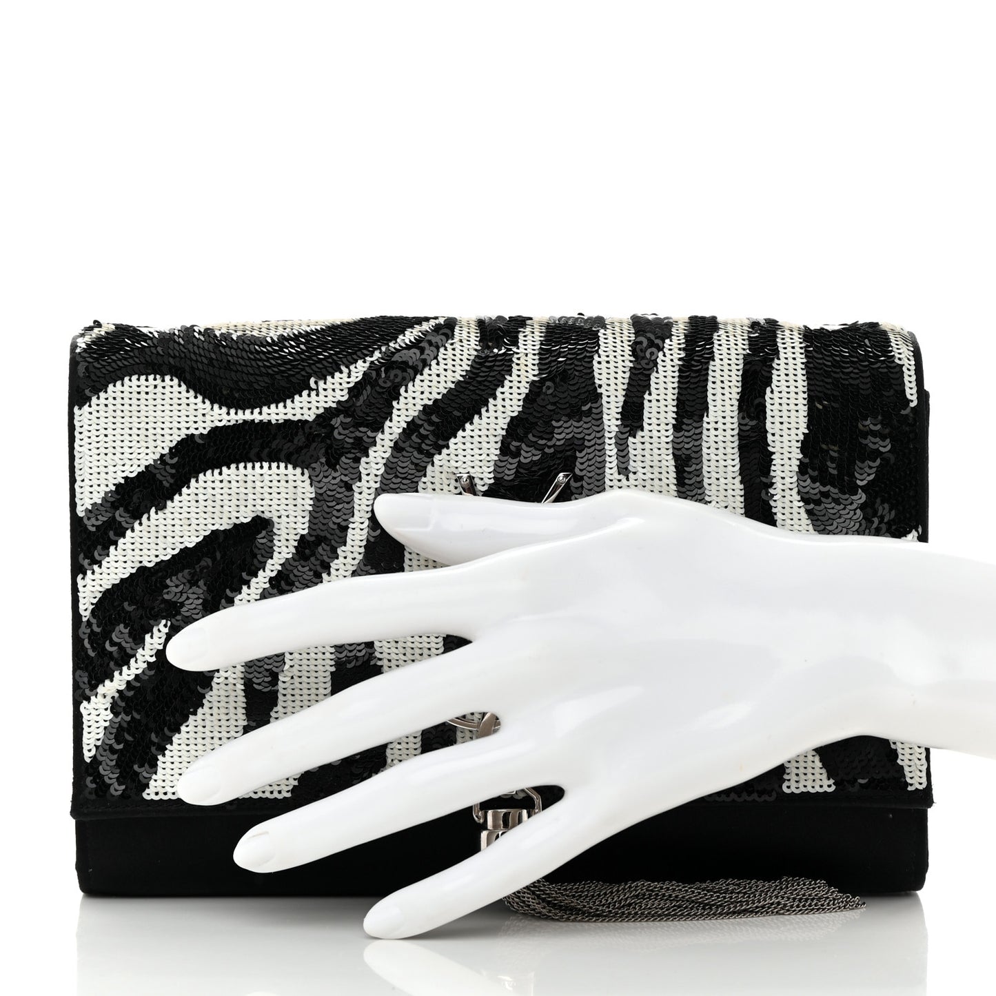 Satin Sequin Zebra Small Monogram Kate Tassel Satchel Black White