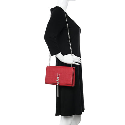 Saint Laurent Calfskin Crocodile Embossed Small Classic Monogram Kate Tassel Satchel Red 2 of 11
