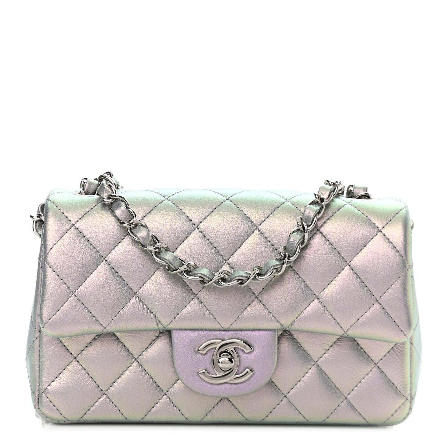 Iridescent Calfskin Quilted Mini Rectangular Flap Light Purple