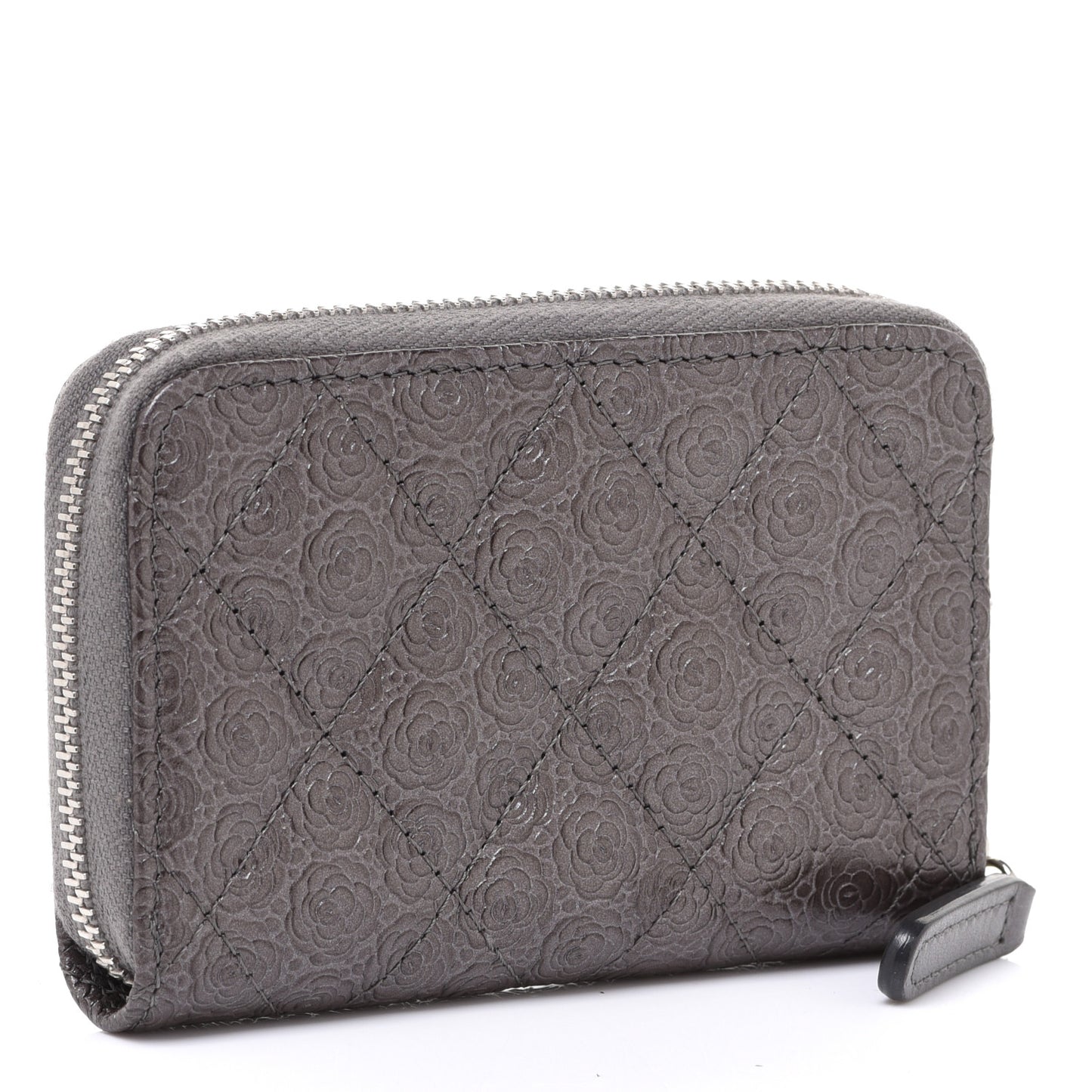 Metallic Calfskin Camellia Embossed Zip Coin Purse Grey