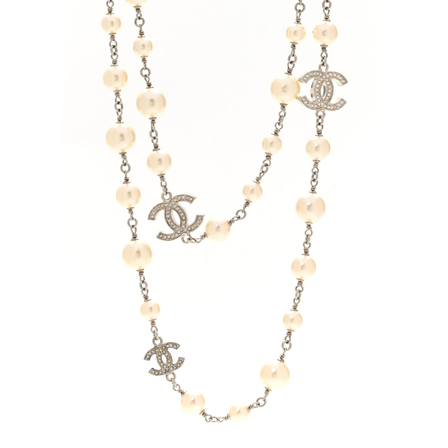 Crystal Pearl CC Long Necklace Silver