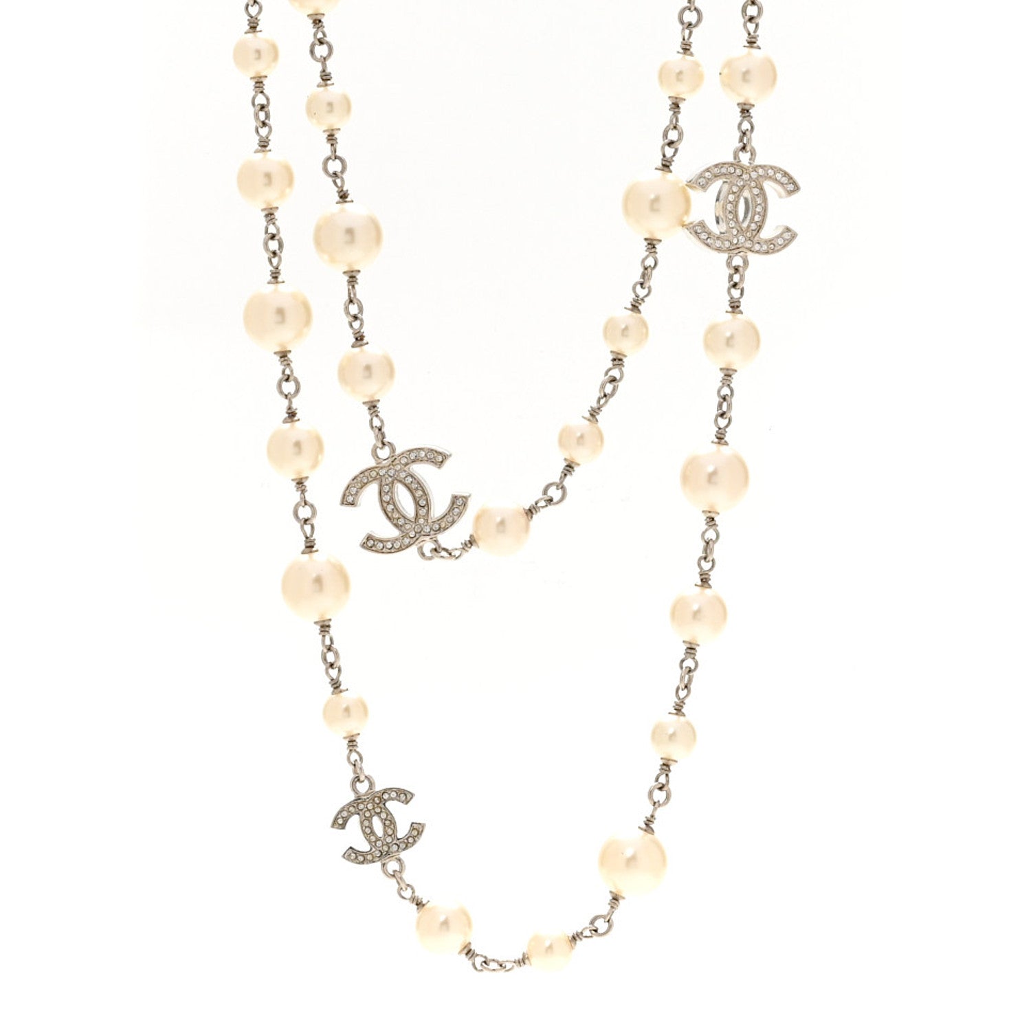 Chanel Crystal Pearl CC Long Necklace Silver 1 of 6