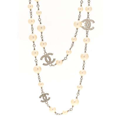 Chanel Crystal Pearl CC Long Necklace Silver 1 of 6