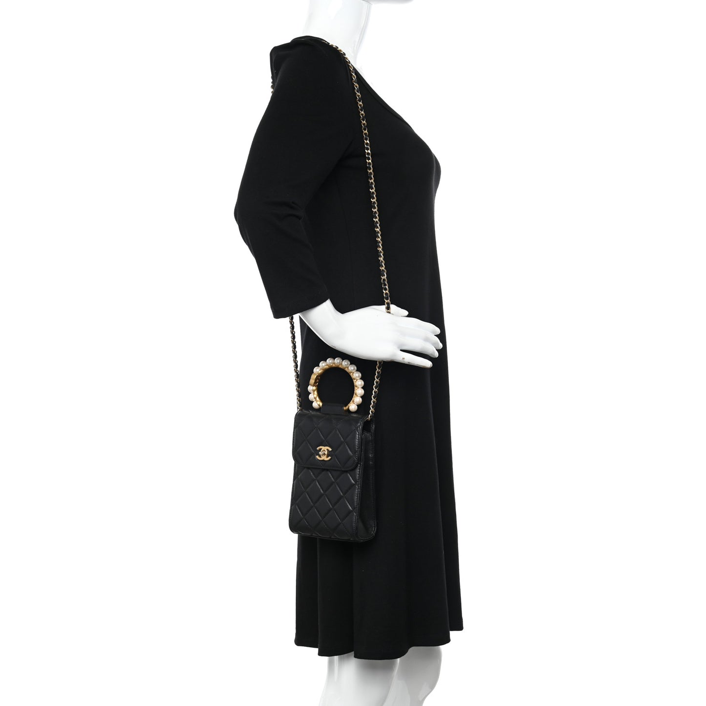Lambskin Quilted Pearl Crown Phone Holder Black