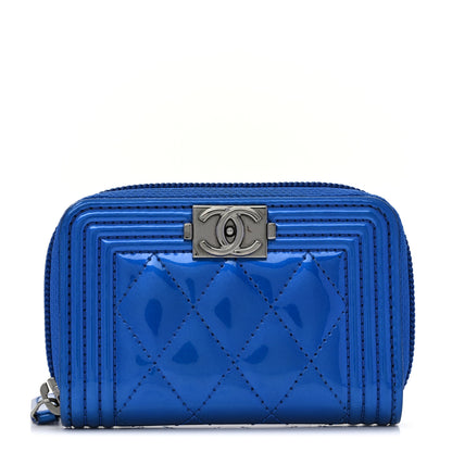 Chanel Metallic Patent Quilted Zip Around Boy Coin Purse Wallet Blue 1 of 7