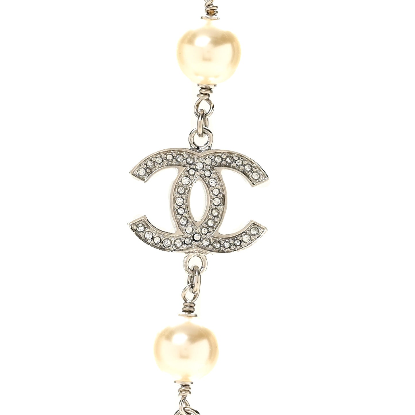 Graduated Pearl Crystal CC Long Necklace Silver