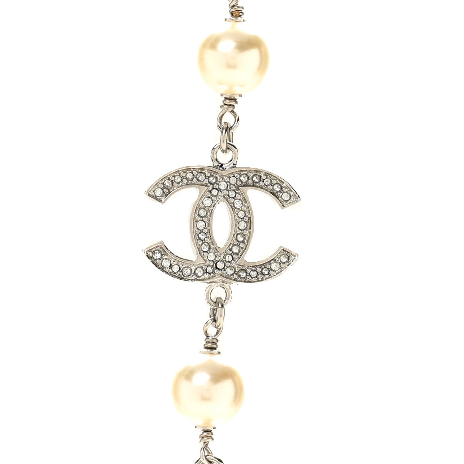 Chanel Graduated Pearl Crystal CC Long Necklace Silver 4 of 6
