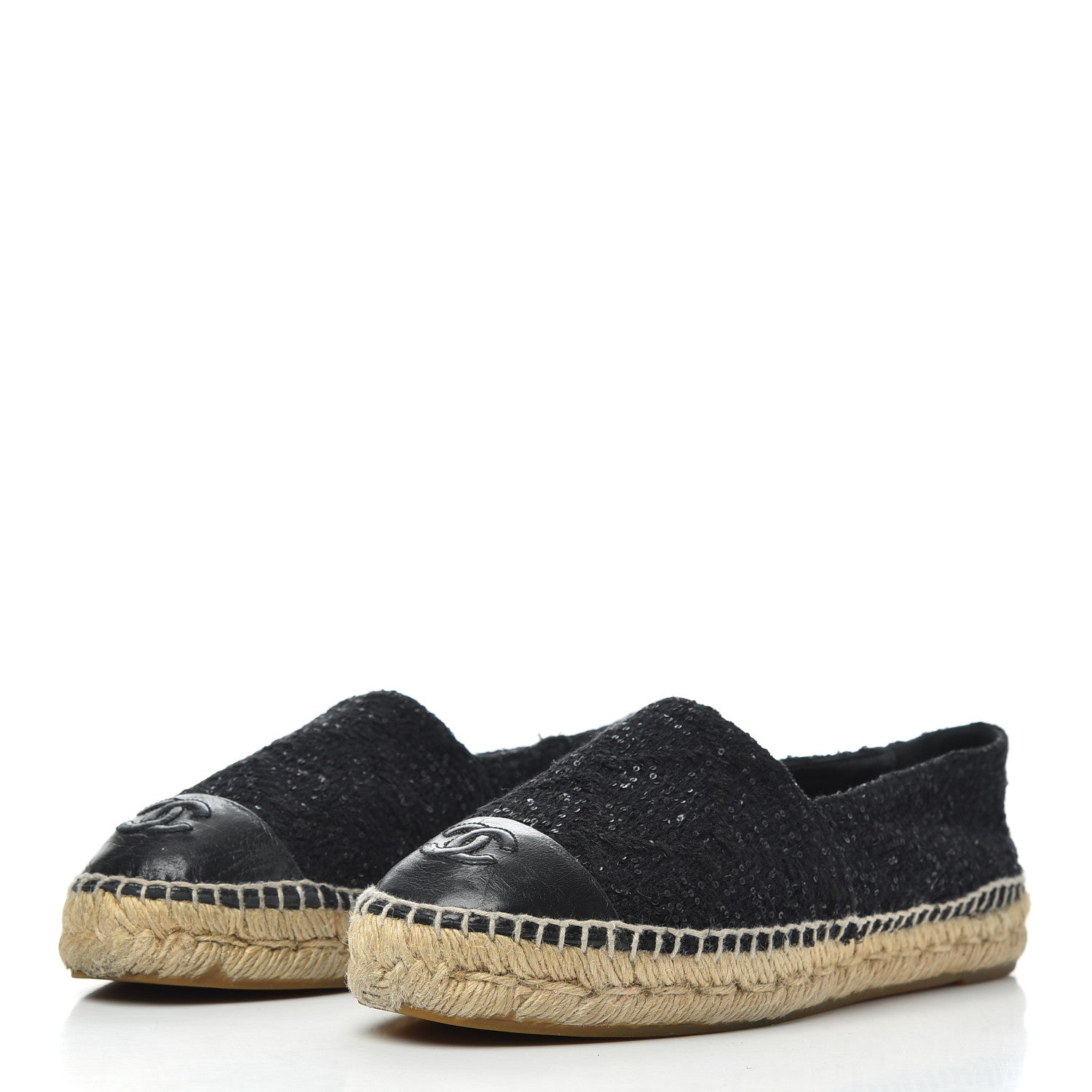 Chanel Tweed Patent Goatskin Sequin CC Espadrilles 38 Black 3 of 19