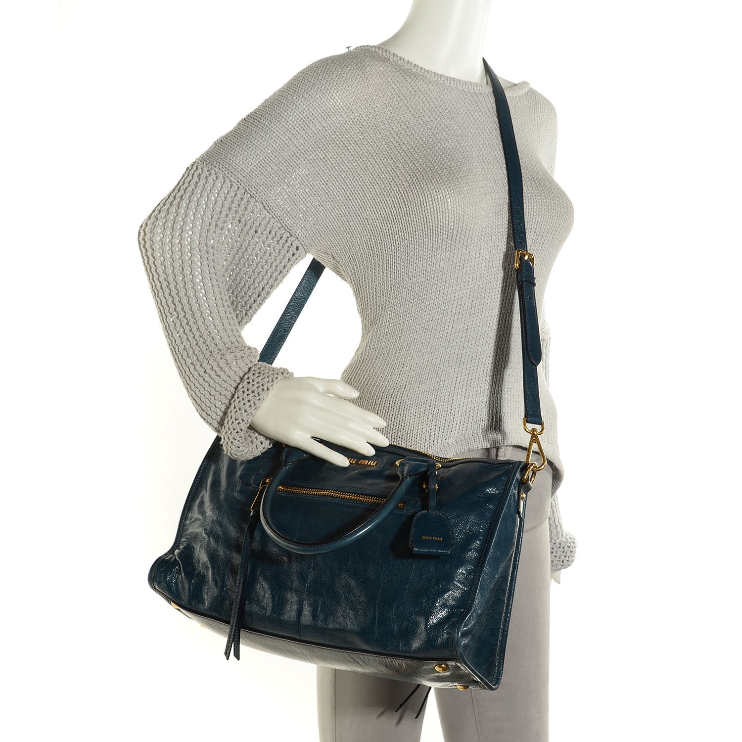 Miu Miu Vitello Shine Zip Tote Denim 2 of 9