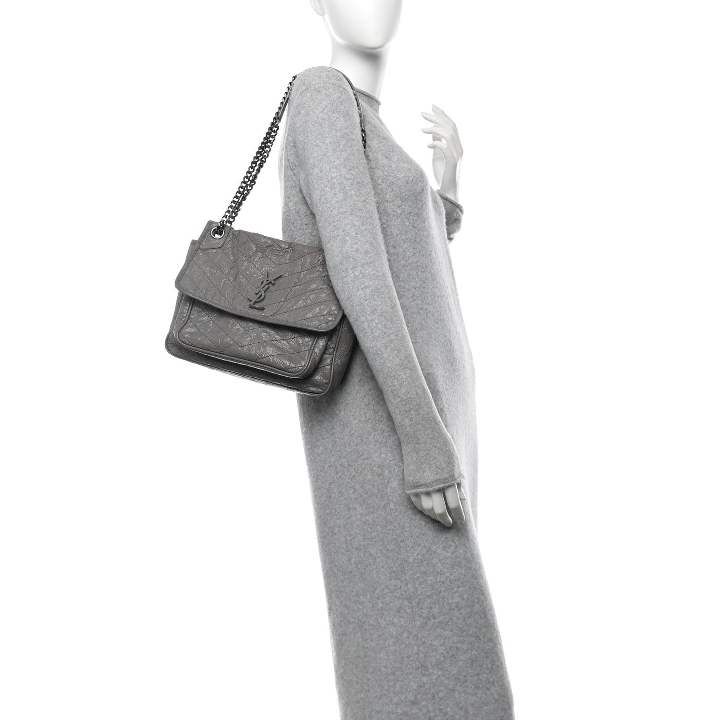 Crinkled Calfskin Matelasse Monogram Medium Niki Chain Satchel Fog