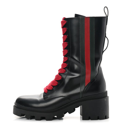 Gucci Magnum Calfskin Cirano Lux Web Lace Up Tall Combat Boots 39 Black Verde Hibiscus Red 1 of 15