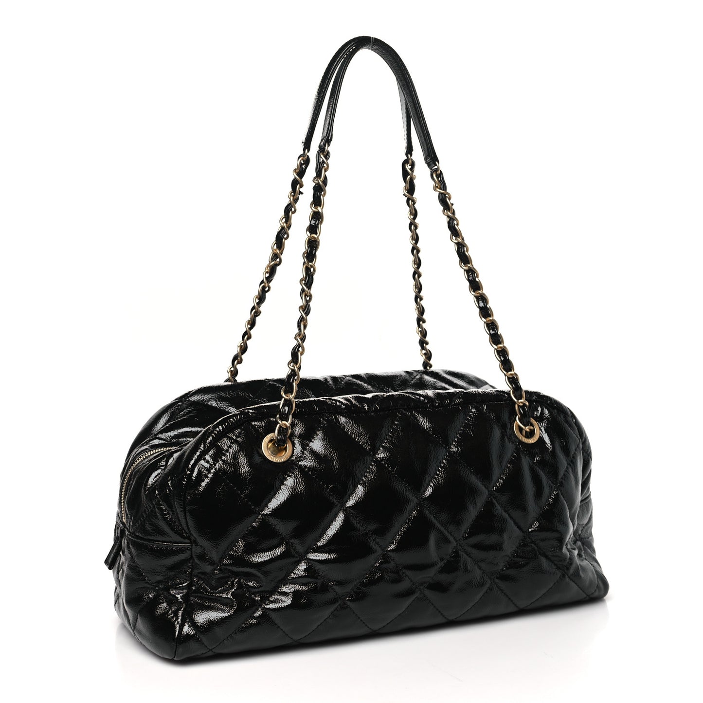 Shiny Aged Calfskin Quilted Medium Bowler Bag Black