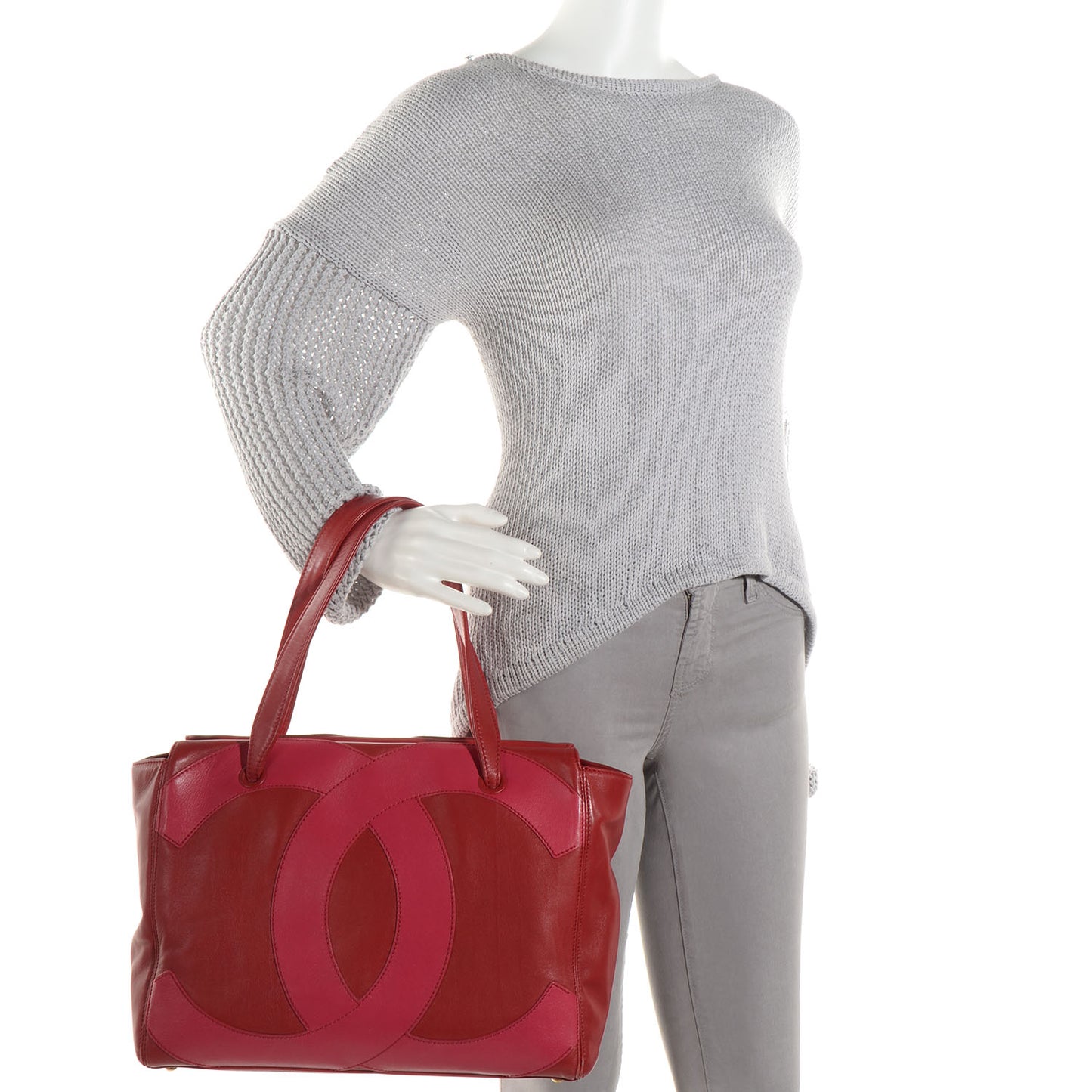 Lambskin CC Stitched Large Tote Red Pink