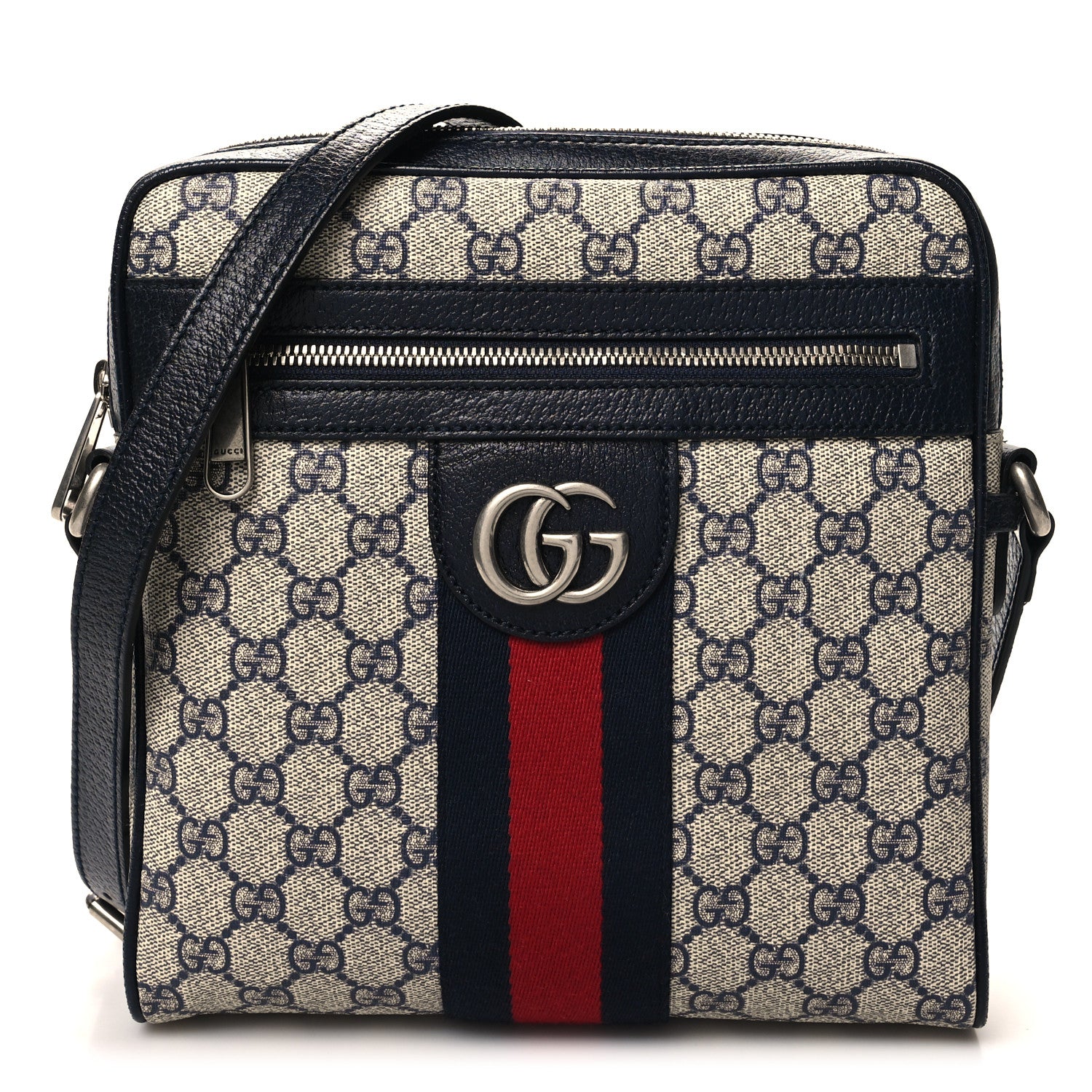 Gucci GG Supreme Monogram Textured Dollar Calfskin Web Small Ophidia Messenger Bag Beige Blue 1 of 12