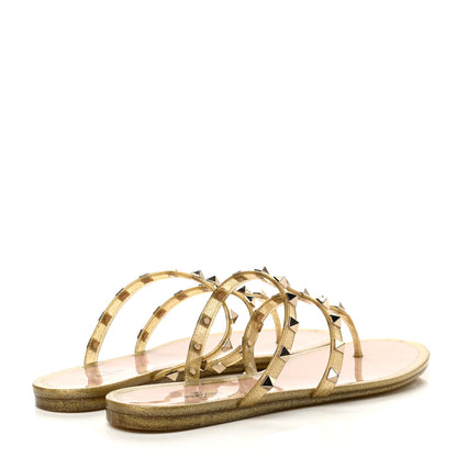 Valentino Garavani PVC Jelly Glitter Rockstud Caged Flat Thong Sandals 40 Oro 4 of 9