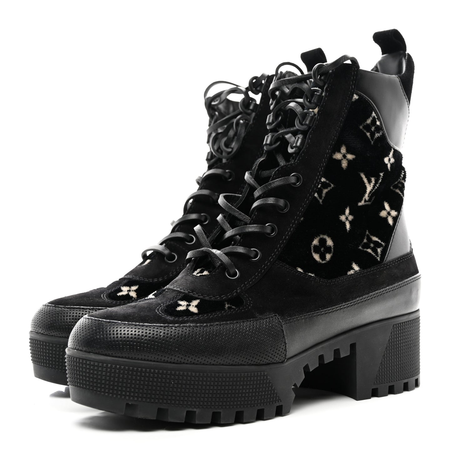 Velvet Calfskin Monogram Laureate Platform Desert Boots 41 Black White