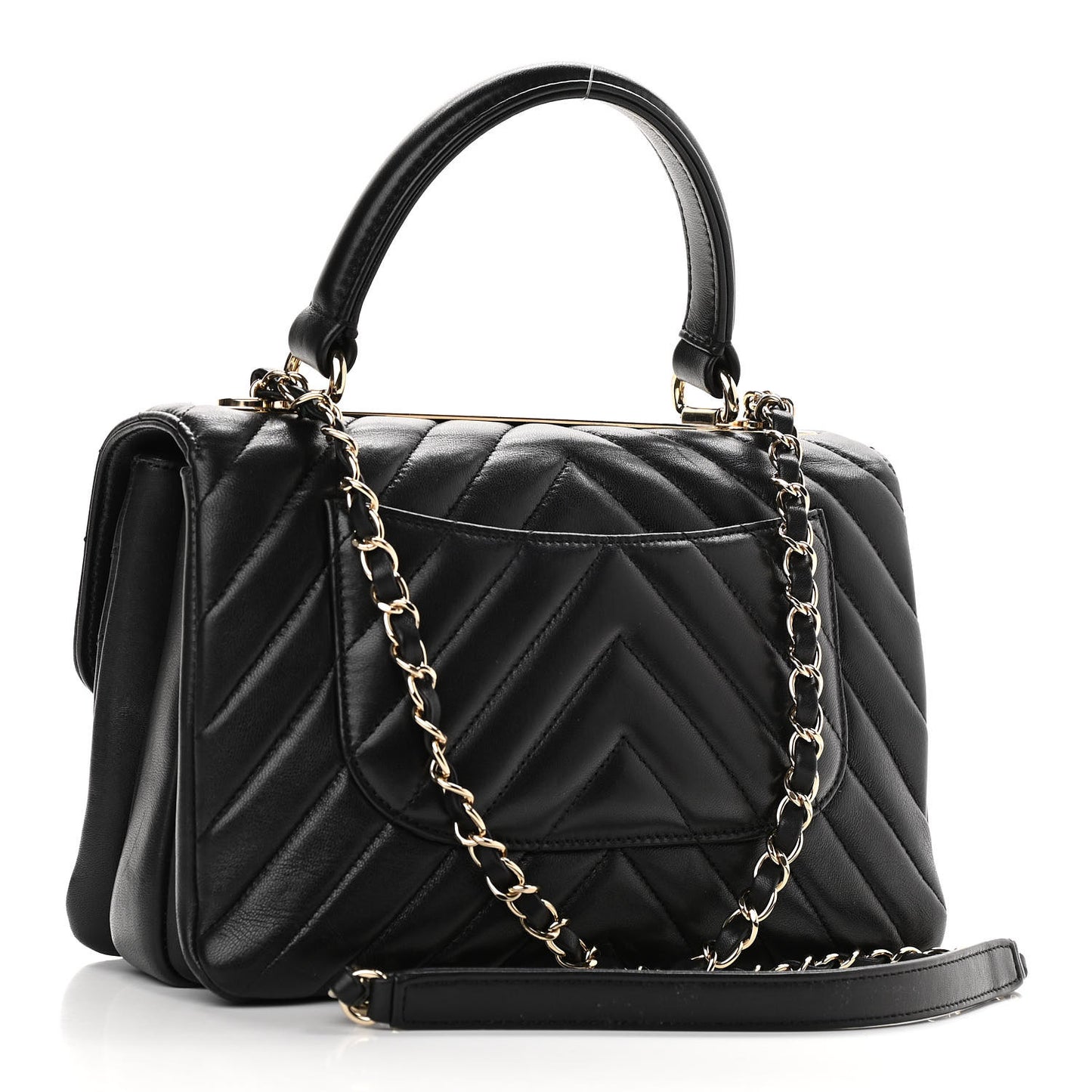 Lambskin Chevron Quilted Small Trendy CC Dual Handle Flap Bag Black